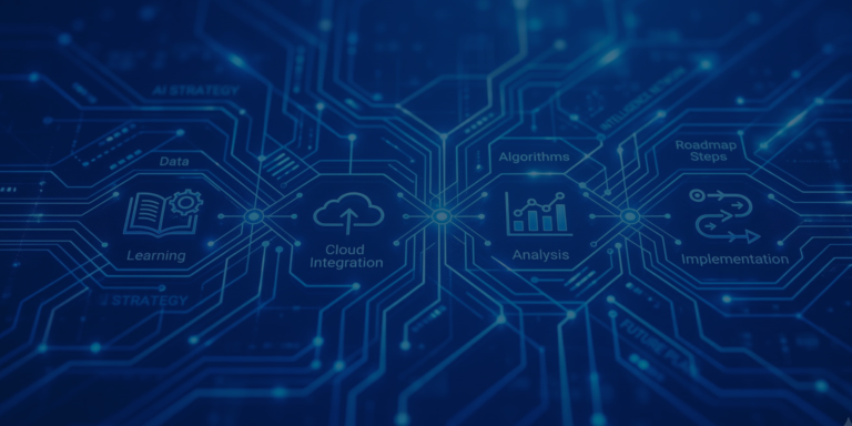 A dark blue digital circuit board background featuring four interconnected hexagonal icons representing Learning, Cloud Integration, Analysis, and Implementation.