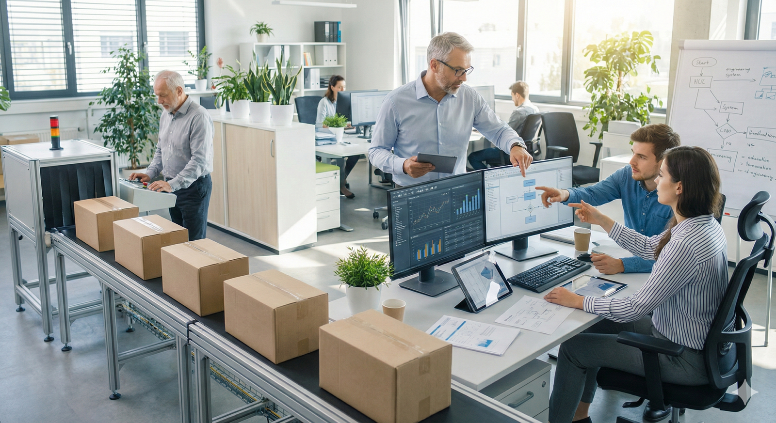 A group of professionals in a modern, sunlit office collaborating on AI strategy and agentic planning.
