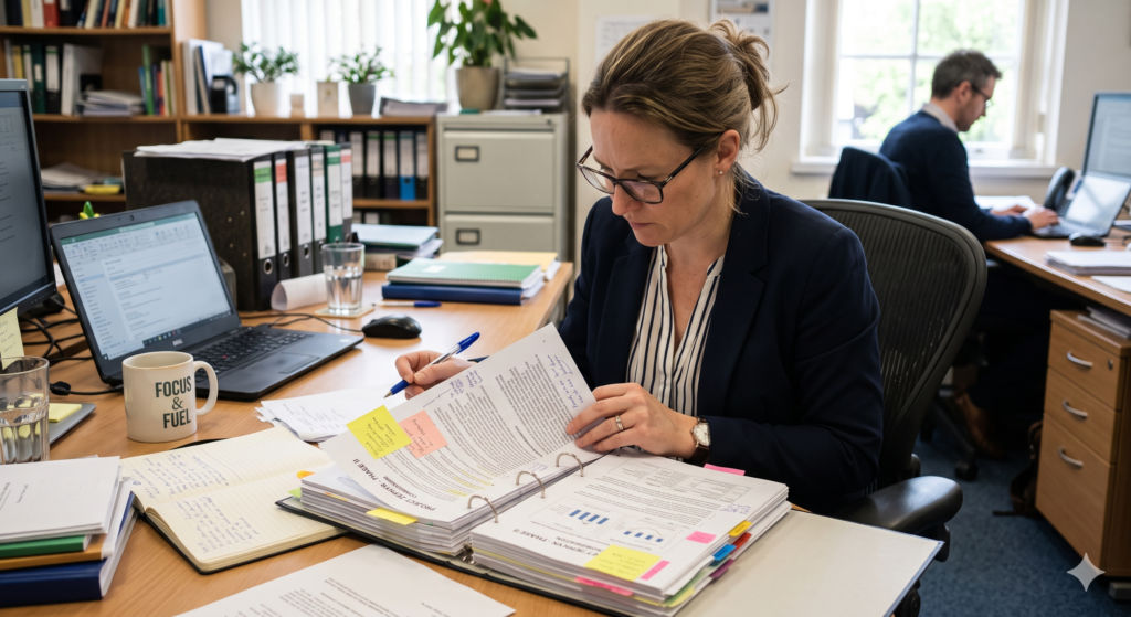 Woman sitting at desk reviewing large software procurement tender document